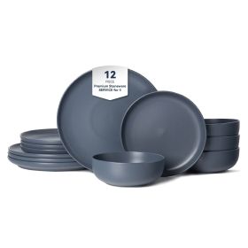 12-Piece Stoneware Dinner Plates Bowls Sets | Microwave & Dishwasher Safe | Non-Toxic Dinner Plates Bowls Set | Stackable Matte Glaze Kitchenware for (Main Color: Blue, Main Material: Stone)