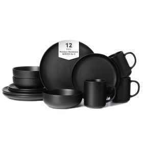 12-Piece Stoneware Dinnerware Sets with Mugs | Microwave & Dishwasher Safe | Non-Toxic Dinner Plates Bowls Set | Stackable Matte Glaze Kitchenware for (Main Color: Black, Main Material: Stone)